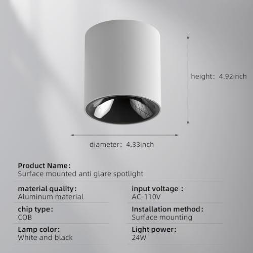 Image of JAYMP Modern LED Ceiling Light 4000K Dimmable 24W COB White Surface Mount Cylinder Accent Down Light for Living Room Hallway Laundry Room
