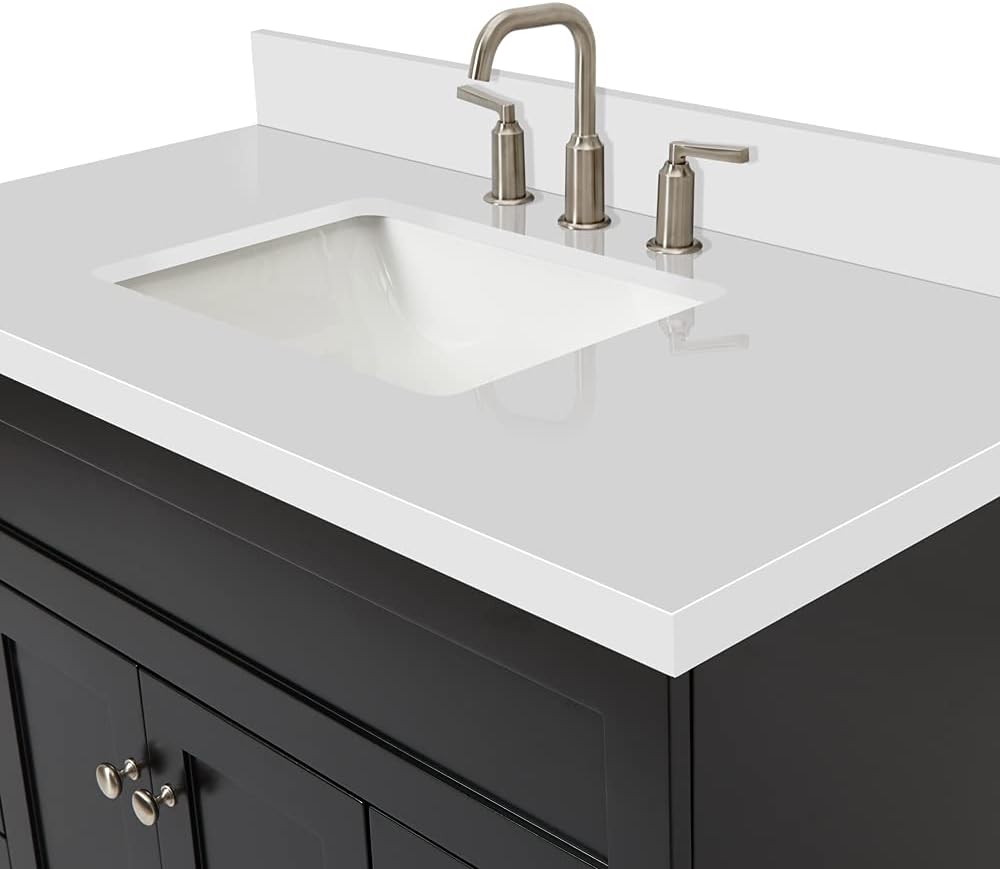 DKB Bradford Series 43" Inch Single Rectangle Sink Bathroom Vanity Cabinet in Black, Pure White Quartz Countertop, 2 Soft Closing Doors, 4 Full Extension Dovetail Drawers, No Mirror