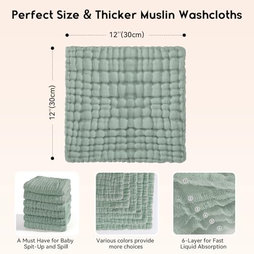 Image of Unnivoll Muslin Burp Cloths Baby 12''X12'', Baby Washcloths 6 Pack, 100% Cotton Baby Wash Cloths Absorbent and Soft for Newborn Infants Kids Boys Girls - Apricot Green Sapphire Blue