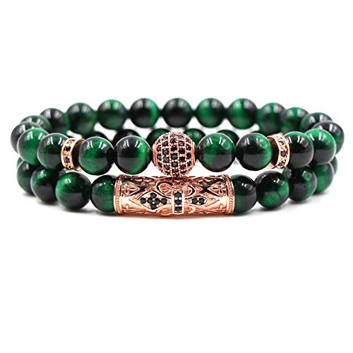 ADGJL Bracelet Pierre Naturelle, 7 Chakra Naturel Oeil De Tigre Pierre Élastique Bracelets Perles En Or Rose Bracelet Vert Boho Diffuseur Pave Setting Zircon Bijoux Femmes Hommes Cadeau 2 Pcs