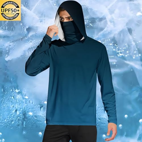 Men's Sun Protection Hoodie Face Mask UV SPF Long Sleeve Hooded Sun Shirt UPF 50 Rash Guard Hiking Swimming Running2