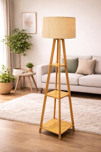 Image of Modern Wooden Floor Lamp with Shelves | 3-Tier Storage Tripod Standing Lamp with Fabric Shade | Decorative Corner Light for Living Room, Bedroom & Office | Natural Wood Finish