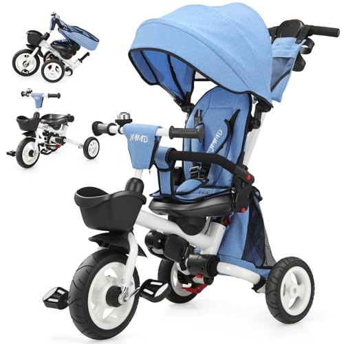 JMMD 8 in 1 Tricycle Stroller with Push Handle, Foldable Trike with 360° Swivel Seat, Reclining Backrest, All-Terrain Wheels, Dual Brakes, Canopy & Storage, Gift for Kids 18 Months to 5 Years, Blue