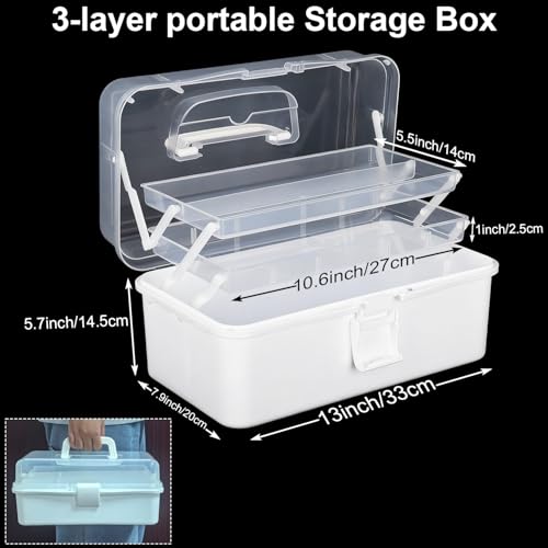 Image of DUOFIRE 13in 3-Layer Foldable Craft Organizers and Storage, Multipurpose Sewing Box, Portable Handled Plastic Tool Box Organizer, Craft Organizer for Sewing, Tools, Tackle or Art Supplies (White)