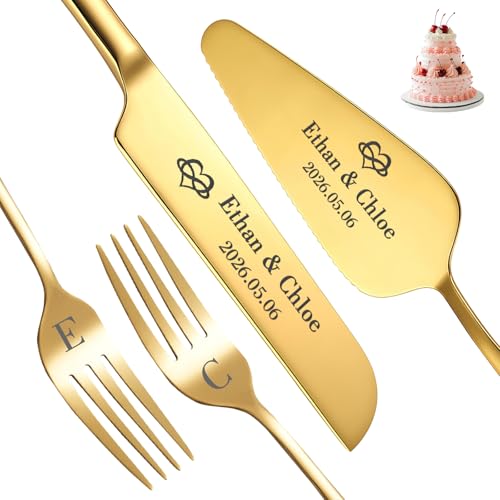 Julees Custom Wedding Cake Cutting Set, Engraved Knife & Server with Names, Ideal Wedding Gift for Couples Bridal Showers Anniversaries (Gold)