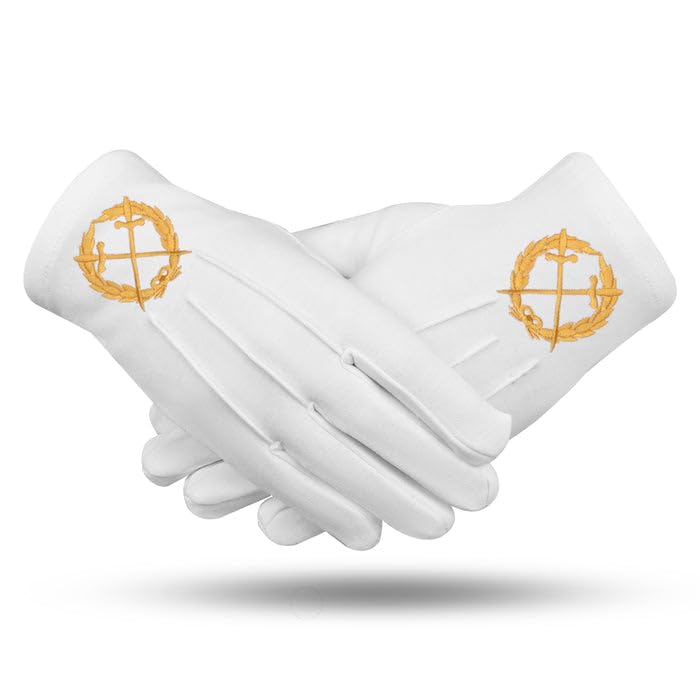 White Cotton Gloves – Grand Sentinel Blue Lodge Style with Gold Embroidery – Formal Gloves with Button Closure