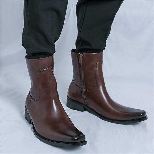 Mens Leather Pull On Low Chunky Heels Square Toe Dress Western Chelsea Boots Casual Ankle Cowboy Boots with Side Zipper & Buckles for Prom Formal Party Working Business 5