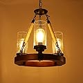 Wellmet Farmhouse Chandelier, Wood Wagon Wheel Chandelier with Seeded Glass Shade, Hanging Rustic Round 3 Lights Ceiling Pendant Lighting Fixture for Dining Room, Living Room,Foyer, Kitchen Island