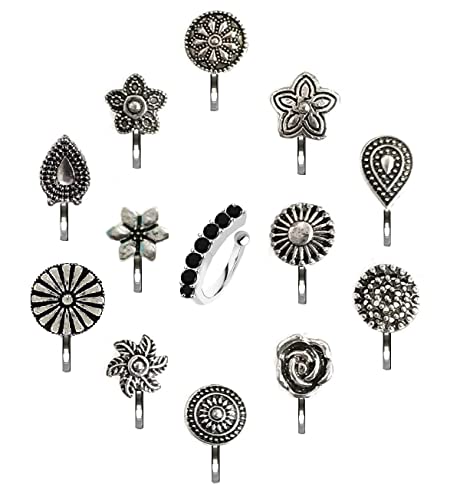 13 Pcs Oxidised Black Antique Non piercing Nose Studs Pin Oxidized Metal Silver Nose Rings for Women