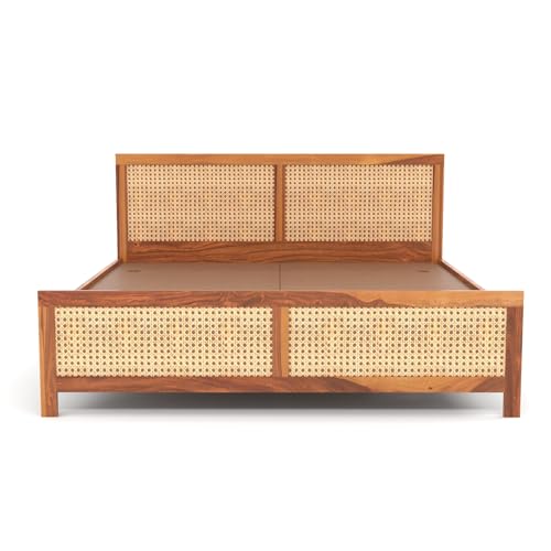 Image of Sheesham Wood Cane Bed Without Storage for Bedroom | Queen Size Wooden Double Bed Palang with Rattan Headboard & Footboard (Honey Finish)