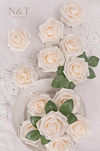 N&T Nieting Roses Artificial Flowers, 25Pcs Fake Flowers Foam Roses For Diy Wedding Bridal Bouquet Baby Shower Party Cake Wall Decoration, Cream #TOP3