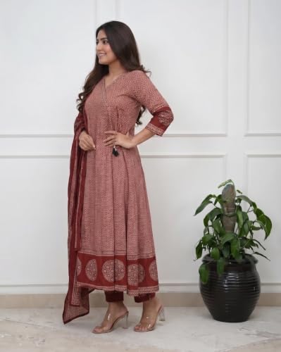 Image of Nermosa Women Printed Viscose Anarkali Kurta and Pant with Dupatta | Printed Kurta Set | Viscose Kurta Set | Summer Office Wear |