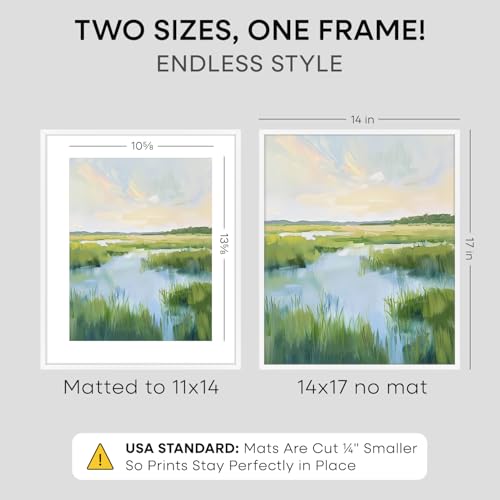 Image of Homeforia 14x17 Picture Frame White, High End Metal 14 x 17 Poster Frames with Mat 11 x 14 for Photo, 14x17 White Frame Matted to 11x14 inch Print, 17x14 Thin Frame, Tempered Glass, Wall Kit, Set of 2