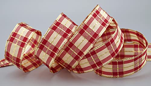 finemark 20 m x 25 mm chequered Christmas ribbon, burgundy, cream, gold (124) with lurex wire edge, decorative, gift, tartan - Image 2