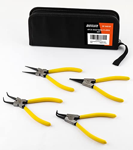DIFFLIFE 7-Inch Snap Ring Pliers Set Heavy Duty Internal/External Circlip Pliers Kit with Straight/Bent Jaw CR-V Steel for Ring Remover Retaining C Clip Pliers with Storage Bag 4-piece