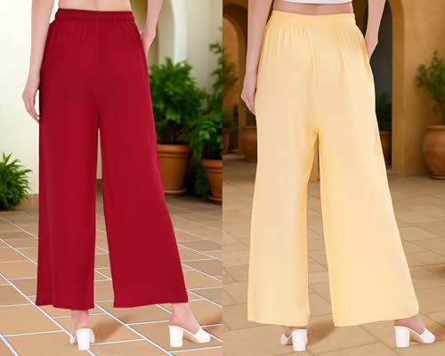 Image of Buy That Trendz Palazzo Pants for Women Cotton Rayon Elasticated Flared Wide Leg Regular Fit M to 6XL Pack of 2