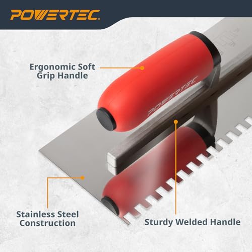 Image of POWERTEC Square Notch Trowel - 1 /4 inch x 3 /8 inch Stainless Steel Square-Notch Tile Trowel with Soft Grip Handle for Thinset Mortar, Mastic & Tile Installation Work (72781)