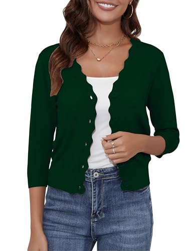 Image of Women's Cropped Cardigans 3 /4 Sleeve Button Down Lightweight Cardigan Sweaters Scalloped Edged Bolero Shrugs