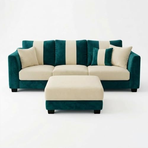 Image of Revo Plush Comfort Sofa Set | 3 Seater + 2 Seater with Ottoman | Luxury Velvet Suede Fabric | Modern Living Room Sofa | Green Teal - Cream