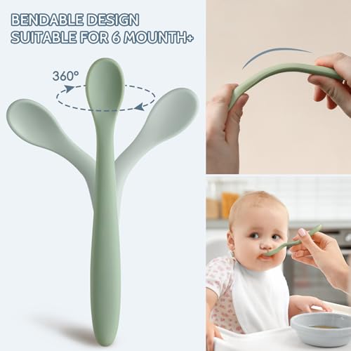 Image of 6 Piece Silicone Baby Feeding Spoons, First Stage Infant Soft-Tip Easy on Gums, Training Spoon Self-feeding, Utensils Supplies, Dishwasher & Boil-proof - Blue