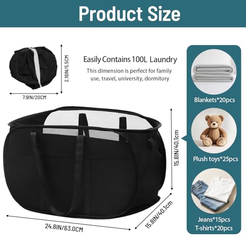 Image of 100L Collapsible Laundry Baskets, Tear Proof Pop Up Laundry Hamper with Dual Handles, Large Foldable Laundry Basket, Easy to Carry Laundry Hamper for Home, Laundry Room, Bedroom, Dorm, Travel Black