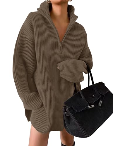 ZESICA Womens Fall Long Sleeve Sweater Dress Casual Quarter Zip Oversized V Neck Collared Knit Pullover Mini Dresses