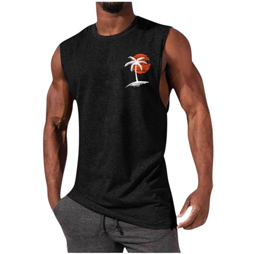 Image of Mens Summer Beach Tank Top Hawaiian Palm Tree Print Sleeveless Muscle Basic Tee Vacation Tops
