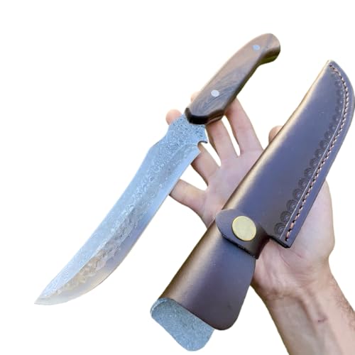 Obespina Grand Couteau Damas Forgé Main lame fixe suminagashi japonais tranchant manche bois étui cuir végétal extérieur camping randonnée Cadeau Homme EDC Artisanat tanto solide Full Tang