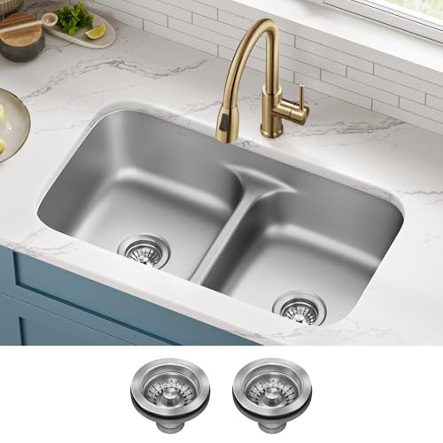 Image of KRAUS Premier 32-inch Undermount 50 /50 Double Bowl Low Divider 18-Gauge Stainless Steel Kitchen Sink with Strainers (x2), KBU32