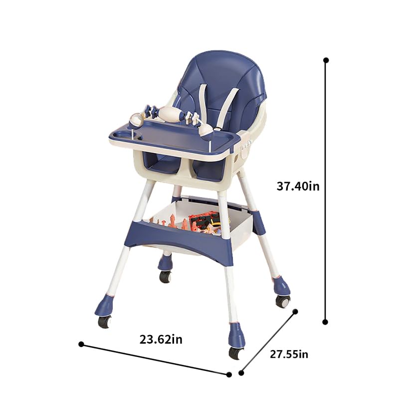 Portable Baby High Chair for Babies & Toddlers, Easy-Clean Multi-Use Feeding Chair with Lockable Wheels & Toy Storage Basket-Blue