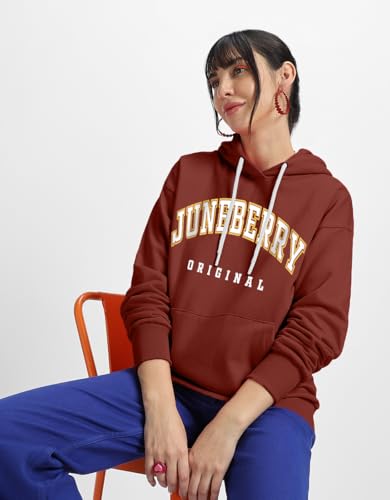 Image of JUNEBERRY Fleece Oversized Baggy Fit Hooded Sweatshirt Drop Shoulder Typographic Logo Printed Full Sleeve Hoodie for Women (Availabe Colors: Copper Tan, Rust & Red)