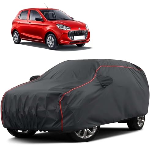 Image of Sulfar 100% Water Resistant Car Body Cover Compatible with Mirror for Maruti Suzuki Alto K10 (Triple Stitched, Full Bottom Elastic, Dark Grey Taffeta with Red Piping)