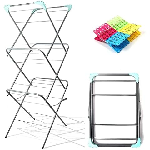 Ur Choice 3-Tier Clothes Drying Rack - Laundry Drying Airer With 12M Drying Area - Space Saving & Easy to Store - Indoor & Outdoor Space Saving Airer With free 20 Pegs Cover