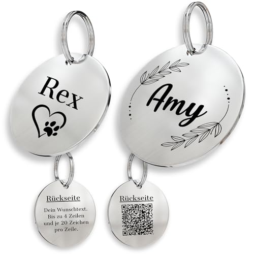 ROGGS Hundemarke mit Gravur – personalisierte Hundemarken Edelstahl rund – Dog Tag Namensschild Hund für Halsband, Adressanhänger beidseitig inkl. QR Code für Hunde, Katzen, Welpen (25mm)