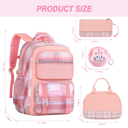 6Pcs Kawaii Backpack Set, Pink Bookbag Plaid Laptop Bag Water-Resistant Lightweight Daypack, Large Capacity School Bag Double Shoulder Backpack with Chest Strap (Pink)2