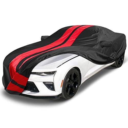 Image of Coverland Custom Car Cover Waterproof All Weather for 2010-24 Chevy Camaro LT, LS, RS, SS, Weatherproof Car Covers for Automobiles, Rain, Sun Protection, Full Exterior Covers, Stripe(Black /Red)