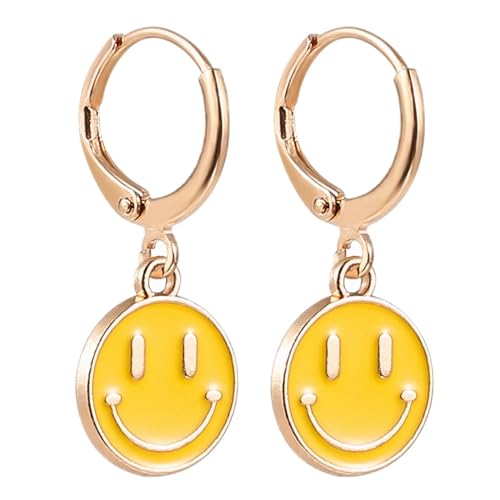 Image of Smiley Face Earrings Huggie Hoop Y2K Preppy Happy Lightning Bolt Heart Star Small Dangle Colorful Gold White Red Pink Yellow Blue Jewelry