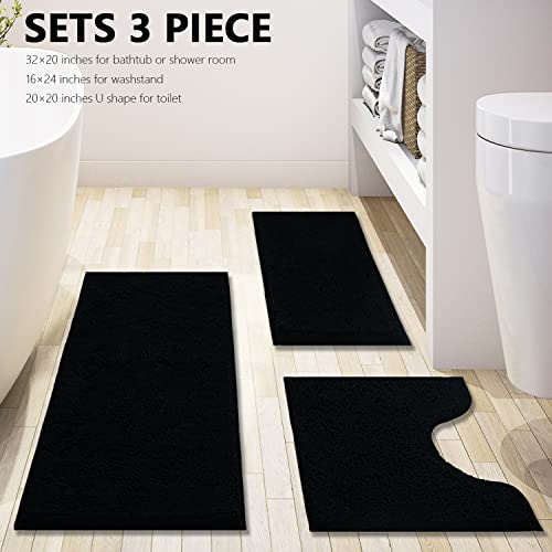 Image of Black Bathroom Rug Chenille 3-Piece Extra Soft and Absorbent Shag Bathroom Rugs, Machine Wash Mat, Strong PVC Non-Slip Underside, Plush Carpet Mats (Black)