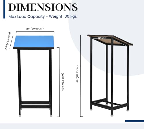 Image of Teachers /podium /portable durable lecture stand of cast iron support frame with powder coated paint and wooden top (Blue, With Four Pipe Support)