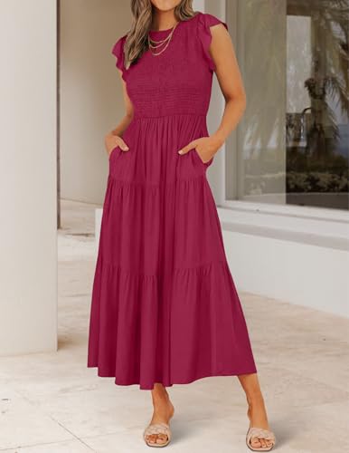 Image of ZESICA Women's 2026 Summer Casual Flutter Short Sleeve Smocked Midi Dress