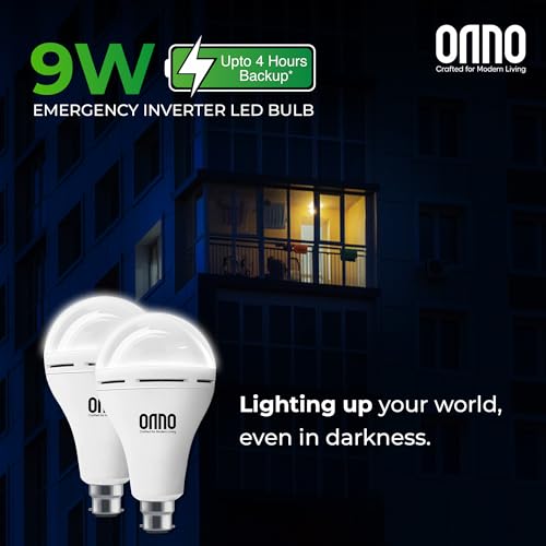 Image of ONNO 9W /12W Rechargeable Emergency Inverter LED Bulb | (Pack of 2, White) I Cool Day Light | Upto 4 Hours Battery | 3 Dimmable Modes | B22D | 1 Year - Warranty (9.0, Watts)