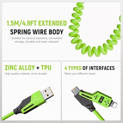 Image of Verilux 4 in1 C Type Charger Cable with Spring, PD60W Type C Cable Fast Charging, 480Mbps Data Transfer USB to Type C Cable, Multi Adjustable Cable with Type C /USB A /Light-ning Port for iPhone 16 /15