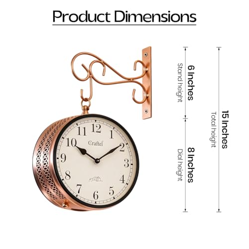 Image of CRAFTEL Double Sided Station Wall Clock Electroplated | Analog Numerals | Aluminum Matte-Finish Dial Brass Body | Handcrafted Jodhpur Gift for Home | Dial - 8 Inches, Rose Gold | 365 Days Warranty