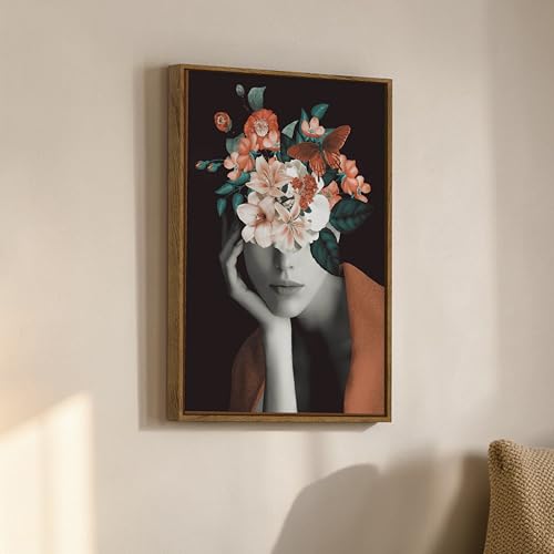 Image of Surreal Floral Woman Portrait Framed Canvas Painting For Living Room | Modern Botanical Abstract Face Wall Art For Livingroom Wall Decor, Home Decor, Bedroom, Hallway's, Office, Hotel - 43x58 cm