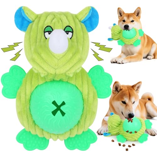 Interactive Dog Toys, Plush Dog Toy with Treat Dispensing Ball, Squeaky Dog Toy with Cute Plastic...