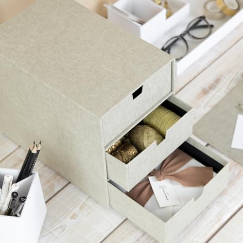 BIGSO INGRID Schubladenbox für Dokumente und Bürobedarf – Schreibtisch Organizer mit 3 Schubladen – Ablagesystem aus Faserplatte und Papier in Leinenoptik – beige
