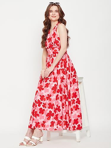 Image of AMARK Women Pink and Red Halter Neck Floral Dress