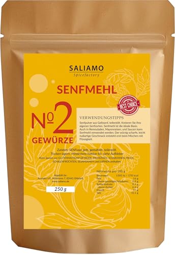 Saliamo | 250g Senfpulver Senfmehl Senfkörner gemahlen teil entöltest Senfpulver - eignet sich zu Herstellung von Senf 100% naturrein aus Senfkörnern gewonnen.