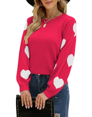 Image of Alsol Lamesa Women's Fall Pullover Sweaters Cute Hearts Long Sleeve Crewneck Casual Knitted Sweaters, X-Large, 238 Bright Pink