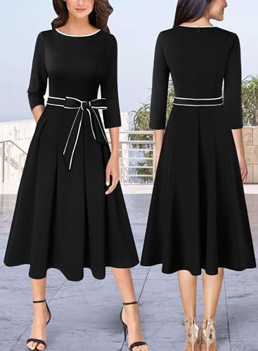 Image of VFSHOW Womens Work Business Casual Church Pockets Belted A-Line Midi Dress